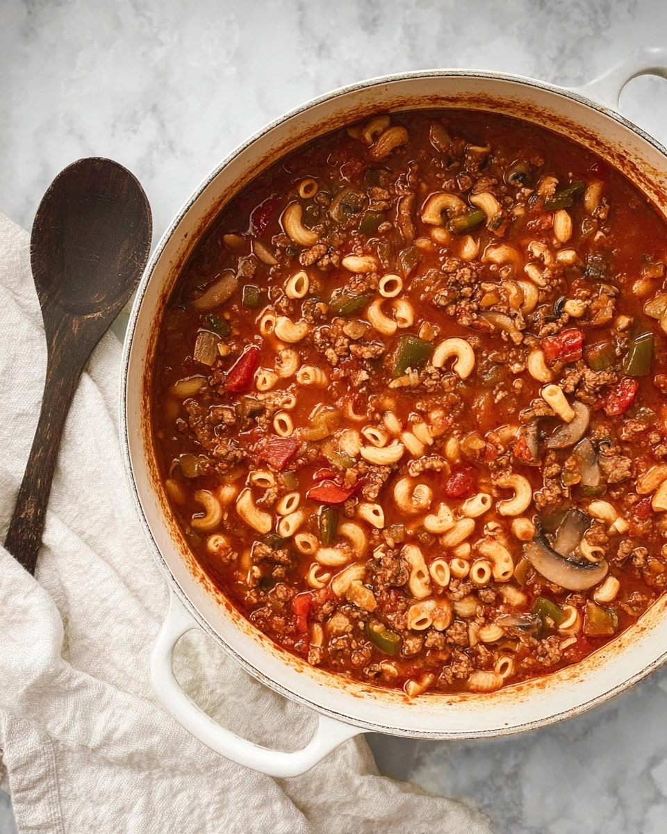 A white pot filled with a thick, reddish-brown stew with visible layers of small shell pasta, chunks of browned ground meat, diced green and red bell peppers, pieces of tomato, and slices of mushrooms spread evenly throughout, showing a mix of soft and slightly chunky textures. The pot sits on a white marbled surface, next to a dark wooden spoon resting on a loosely folded white cloth. The stew’s sauce looks hearty and richly spiced. Photo taken with an iphone --ar 4:5 --v 7