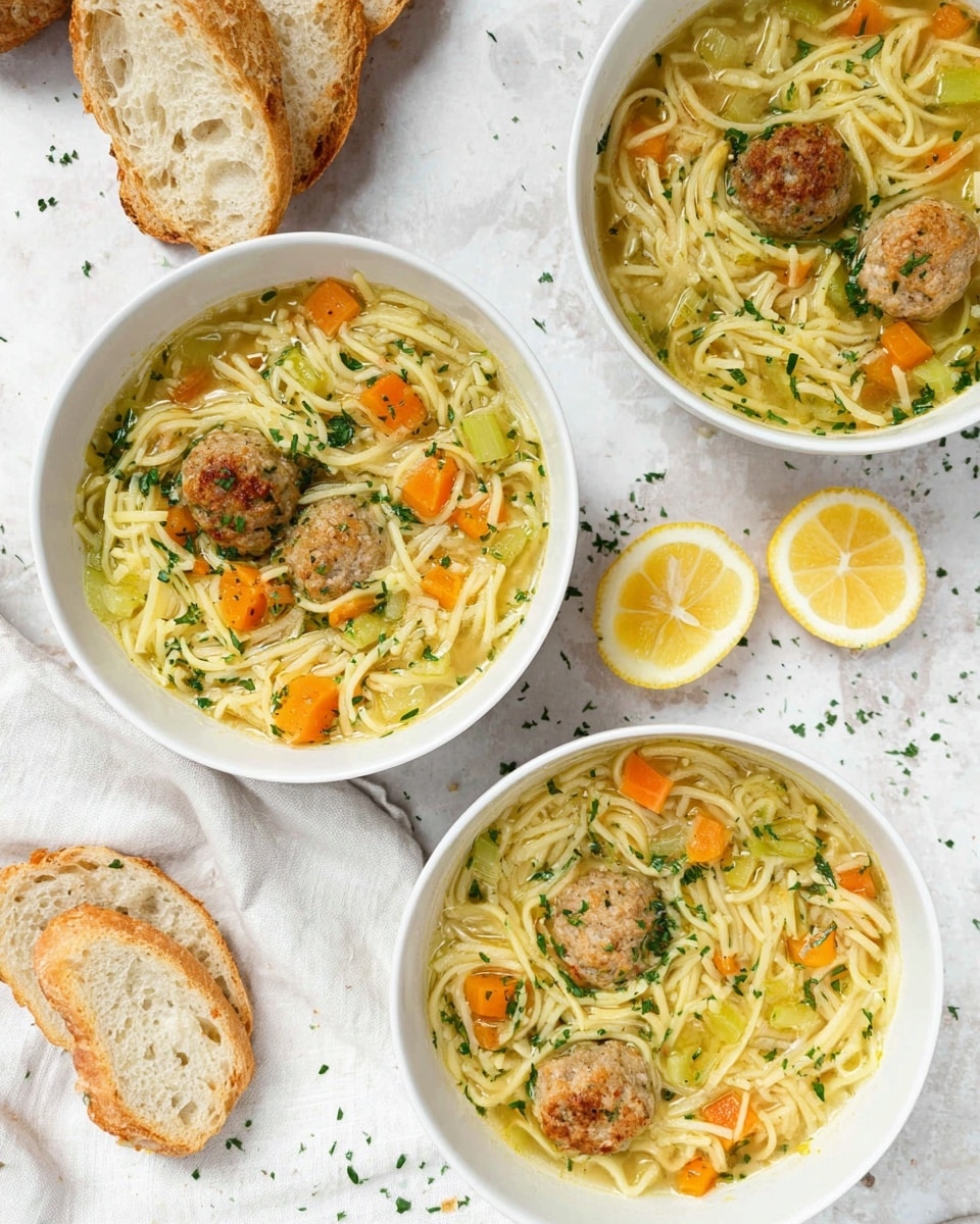Three white bowls filled with noodle soup are placed on a white marbled surface. Each bowl shows a clear broth base with thin yellow noodles as the first visible layer, with small round browned meatballs and diced orange carrots scattered throughout. Pieces of green celery add texture, and the bowls are garnished with sprinkled green herbs. To the side of the bowls, there are three thin lemon slices and two pieces of sliced bread with a spread on top, resting on a white cloth. The scene has a light and fresh feel. photo taken with an iphone --ar 4:5 --v 7
