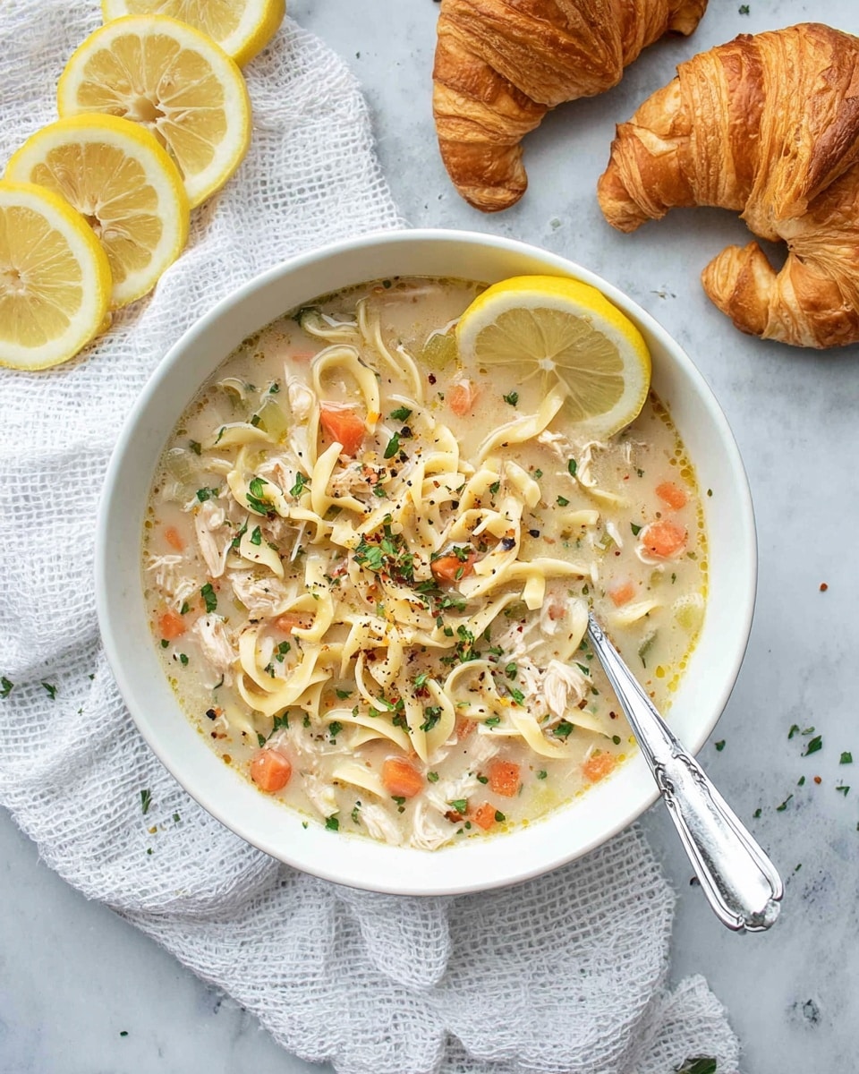 A white bowl filled with creamy chicken noodle soup, showing three main layers: a base of creamy light beige broth, mixed with tender beige noodles, small diced orange carrot pieces, and bits of white chicken; sprinkled on top are chopped green herbs and black pepper flakes. On the edge of the bowl, a bright yellow lemon wedge rests. Next to the bowl are two golden croissants on a white textured cloth, and three lemon wedges placed on a white marbled surface. A silver spoon is partly immersed in the soup inside the bowl. Photo taken with an iphone --ar 4:5 --v 7