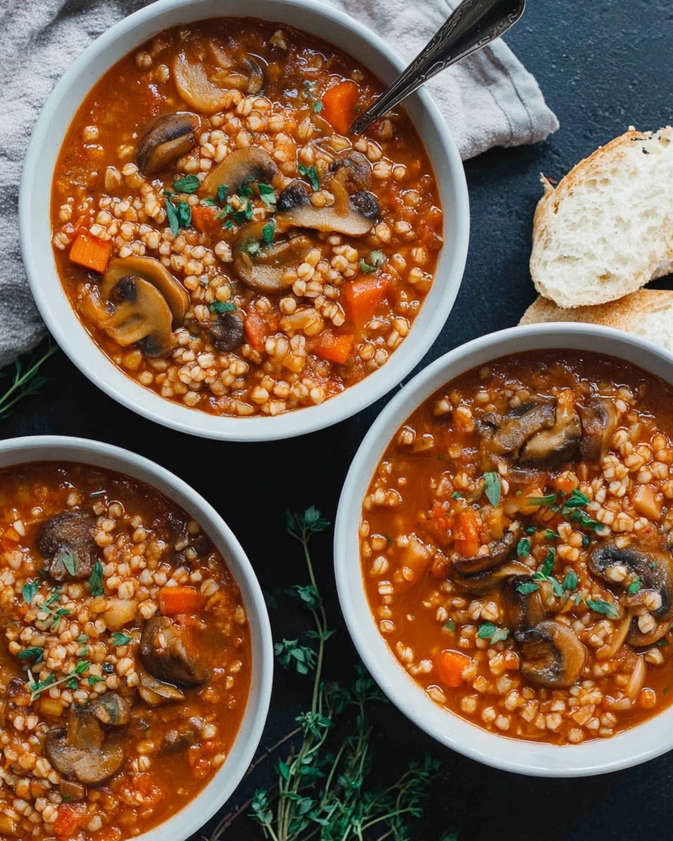 Three white bowls filled with a thick stew made of pearl barley, sliced mushrooms, small carrot chunks, and a rich tomato-based sauce. The stew has a warm orange-red color with visible textures from soft mushrooms and grains. Each bowl has a small sprinkle of green herbs on top for garnish. The bowls sit on a dark surface with a piece of white bread nearby and some fresh green herbs scattered around. The image shows the bowls from above, focusing on the hearty texture and colors of the stew. Photo taken with an iphone --ar 4:5 --v 7