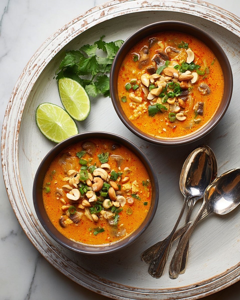 Two bowls filled with rich orange soup containing pieces of mushrooms, nuts, and herbs sit side by side on a round white tray with a weathered edge. Each bowl has three main layers: the base orange soup with a smooth and creamy texture, scattered chunky nuts and small mushroom pieces adding a rough texture, and bright green chopped herbs and spring onions on top creating a fresh contrast. Beside the bowls are wedges of lime and fresh cilantro leaves, and two silver spoons rest on the tray. The tray is placed on a white marbled surface. photo taken with an iphone --ar 4:5 --v 7