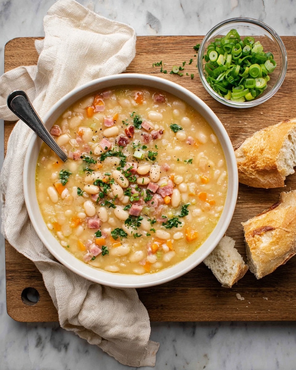 A white bowl filled with thick white bean soup showing many creamy white beans mixed with small pieces of pinkish ham and tiny diced orange carrots; the soup is creamy light yellow with visible specks of black pepper and finely chopped green herbs freshly sprinkled on top. A silver spoon rests inside the bowl on the left side. Next to the bowl on the right is a small clear glass bowl with sliced green onions and chopped fresh herbs, alongside two pieces of torn crusty light brown bread. The bowl and bowls are placed on a light brown wooden board over a white marbled surface, with a light cream cloth draped slightly under the bowl’s left side. photo taken with an iphone --ar 4:5 --v 7