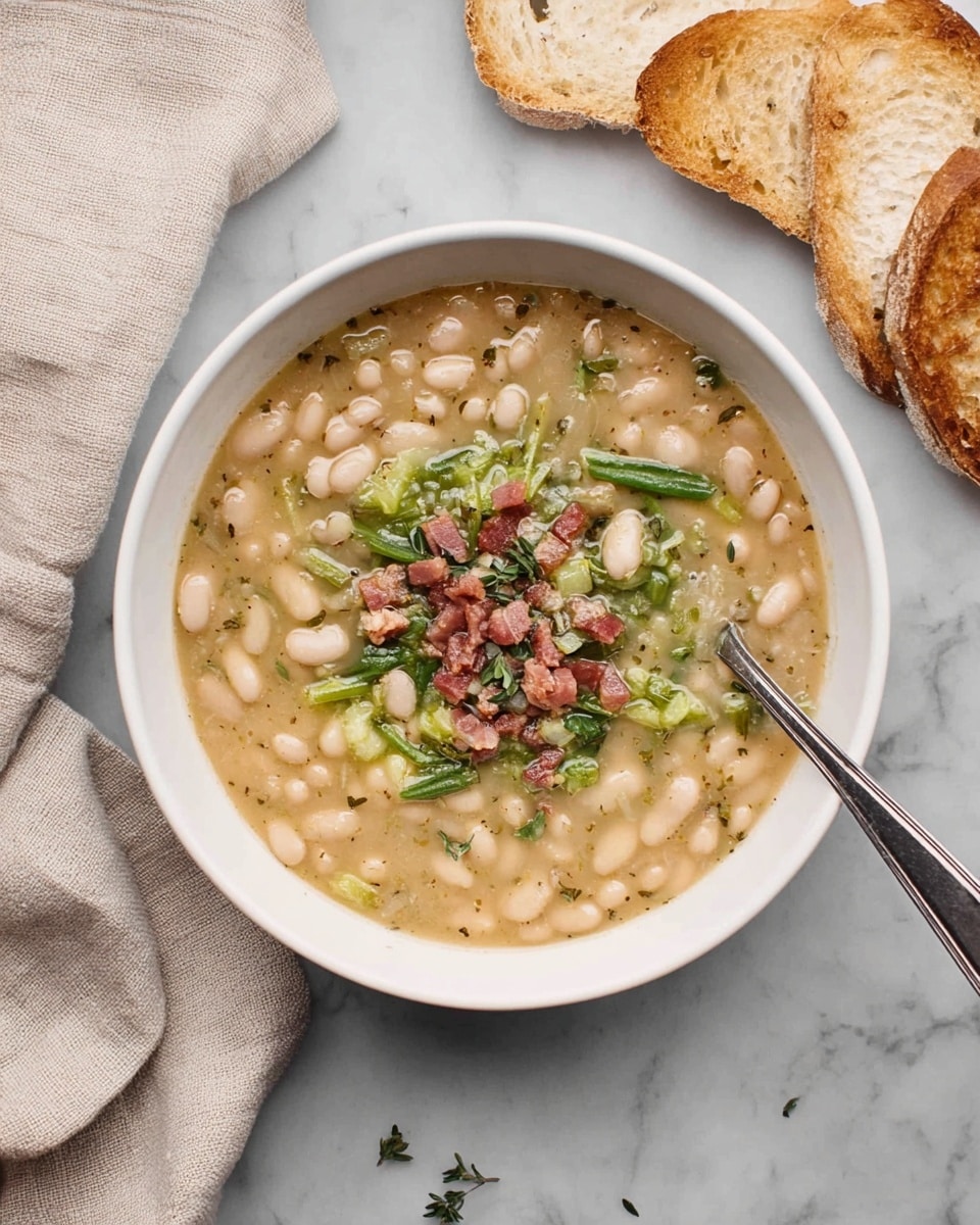 A white bowl filled with creamy soup made mainly of white beans visible throughout the thick broth, topped in the center with chopped green vegetables and small pieces of reddish-brown meat, sprinkled with herbs. Inside the bowl, a silver spoon rests on the right side, partially submerged in the soup. Surrounding the bowl on a white marbled surface are some toasted bread slices arranged above it and a light beige cloth loosely placed to the left. photo taken with an iphone --ar 4:5 --v 7