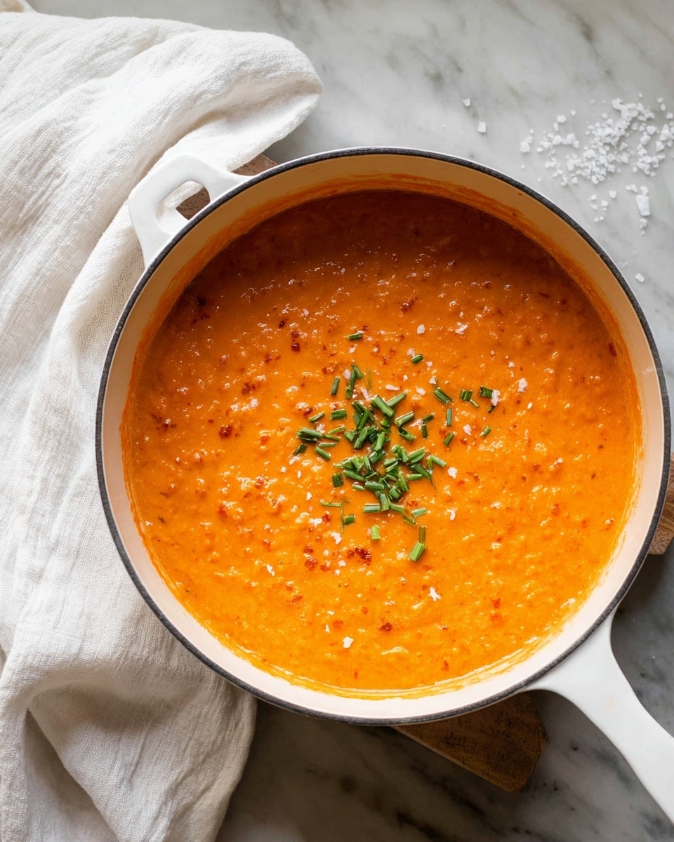 A white pot filled with a thick, creamy orange soup that has a slightly chunky texture, topped with small pieces of green herbs in the center. The pot is placed on a white marbled surface with a white cloth draped loosely to the left side. Some white crystals, possibly salt, are scattered near the top edge of the pot handle. The lighting is soft and natural, highlighting the vibrant colors and textures. photo taken with an iphone --ar 4:5 --v 7