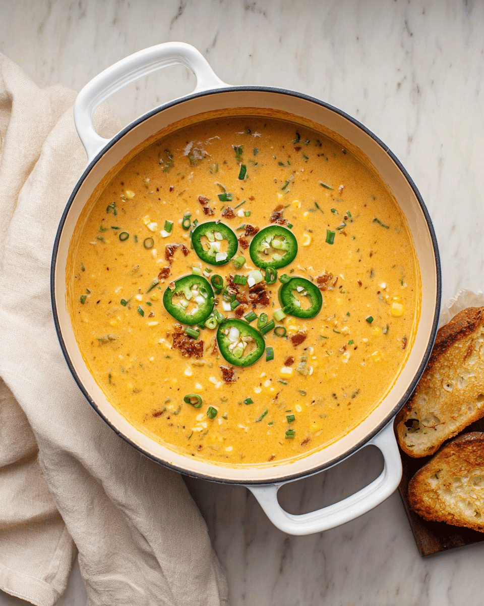 A large white pot filled with a creamy orange soup that has visible small chunks of corn and herbs throughout. The top of the soup is decorated with five green jalapeno slices arranged in a circle, small green onion pieces, brown crispy bits, and a small pile of thin green onion strips in the center. The pot handles are visible on both sides, placed on a white marbled surface with a light cream cloth partially under the pot and two slices of toasted bread with a golden crust resting nearby. Photo taken with an iphone --ar 4:5 --v 7