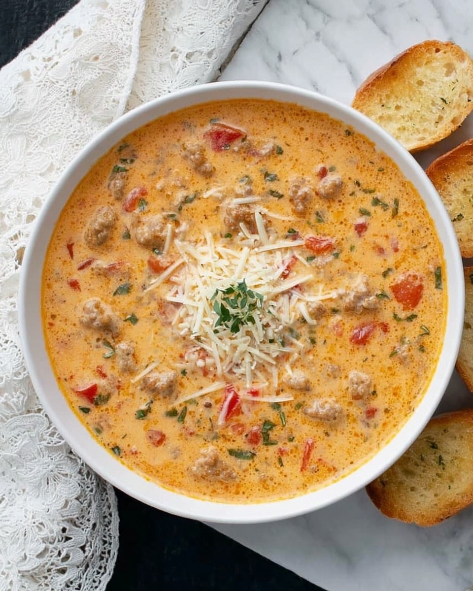 A white bowl filled with creamy soup that has visible pieces of light brown sausage, chopped red tomatoes, and small green herbs scattered throughout, topped with a small pile of shredded white cheese in the center. The soup has a smooth yet chunky texture with a warm orange-beige color. The bowl is placed on a white marbled surface with a piece of white lace cloth on the left side and three small slices of toasted baguette with golden crust on the right. photo taken with an iphone --ar 4:5 --v 7