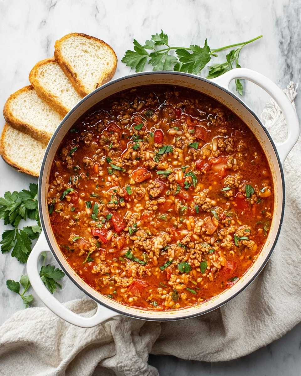 Inside a white pot with two handles, there is a thick stew made of several layers of ingredients. The first layer is a rich, reddish-orange sauce with a glossy and slightly watery texture. Floating in the sauce are chunks of ground meat, finely chopped green and red bell peppers, diced tomatoes, and small grains of white rice. Small green herb pieces are scattered lightly on top, adding a fresh touch. Next to the pot, there are three slices of toasted white bread with a golden crust arranged on a white marbled surface, alongside some fresh green parsley leaves. A sheer, soft cream cloth is gently draped to one side, all placed on the white marbled background. Photo taken with an iphone --ar 4:5 --v 7