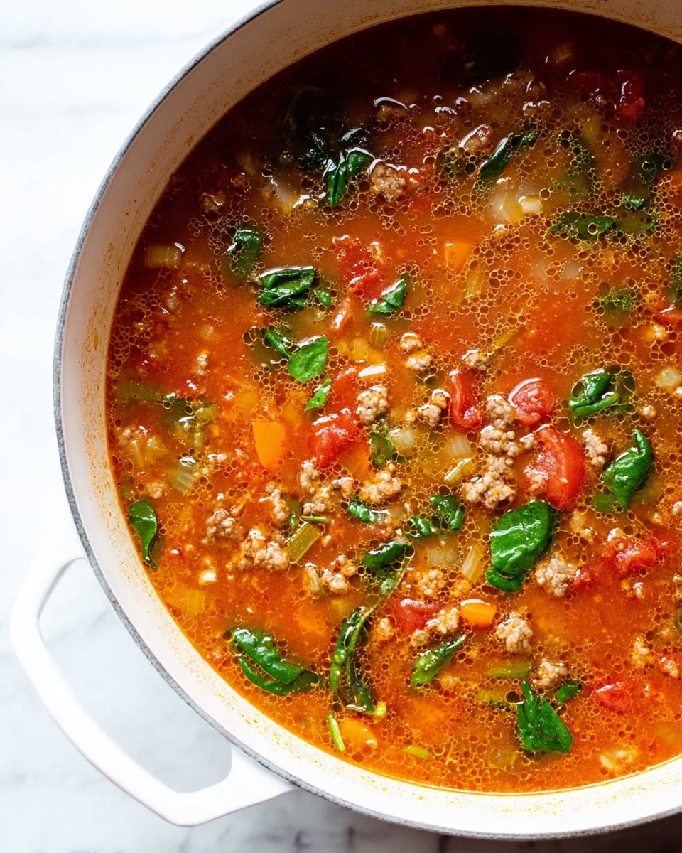 A large white pot filled with a hearty soup that has an orange-red broth with visible ingredients including cooked ground meat, chopped tomatoes, celery, carrots, and bright green spinach leaves scattered throughout. The soup has a chunky texture with distinct pieces of vegetables and meat, and some small bubbles on the surface indicating it is hot. The pot handle is visible on the left side, and the pot sits on a white marbled surface. photo taken with an iphone --ar 4:5 --v 7