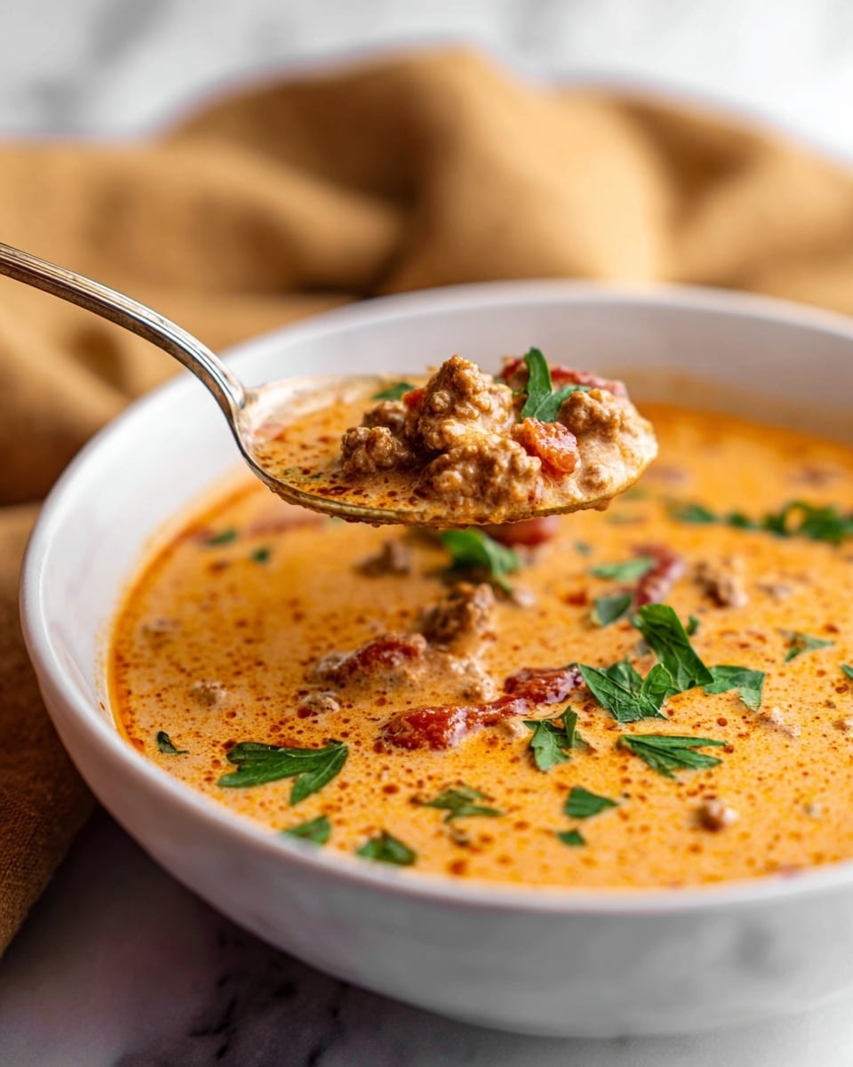 The dish is a creamy soup in a white bowl with a smooth, orange-colored base mixed with small chunks of browned ground meat and bits of red, tender tomatoes. The surface has a slight oily sheen with scattered pieces of fresh green parsley adding a touch of color. A spoon holds a scoop of the soup just above the bowl, showing the thick, rich texture with visible meat and tomato pieces. The bowl sits on a white marbled surface with a soft tan cloth blurred in the background. photo taken with an iphone --ar 4:5 --v 7