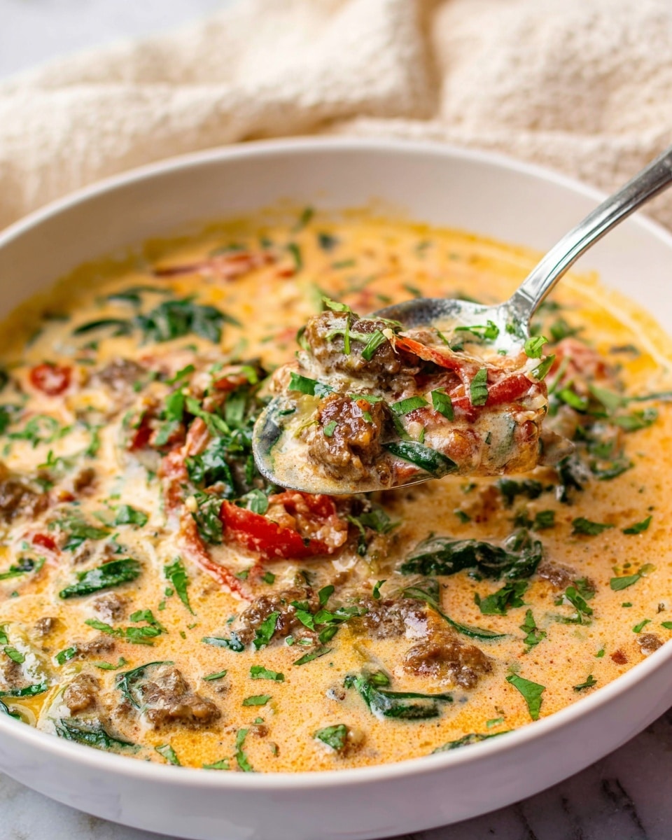 A close-up view shows a creamy dish in a white bowl with a mix of several layers: the base is a pale orange creamy sauce, holding small pieces of browned meat, wilted green spinach leaves, and bits of red tomatoes. The textures are creamy and slightly chunky from the ingredients, topped with sprinkles of fresh chopped green herbs scattered across the surface. A silver spoon lifts a portion from the bowl, showing the mix of all these colorful layers held together by the sauce. The bowl sits on a white marbled surface with a pale cloth in the background. photo taken with an iphone --ar 4:5 --v 7