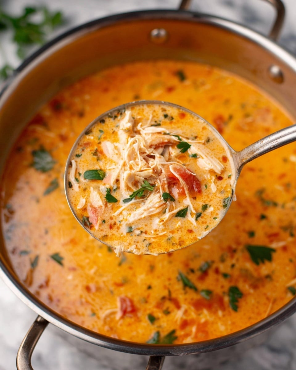 A white bowl filled with creamy orange soup that has visible chunks of chicken and tomato pieces. On one side of the bowl, several thin slices of green avocado fan out over the soup, topped with small bits of yellow cheese and chopped green herbs. There are two thin slices of lime partially submerged in the soup, and a spoon with soup and chicken is lifted above the bowl. The background is a white marbled surface with a soft beige cloth blurred in the back. photo taken with an iphone --ar 4:5 --v 7