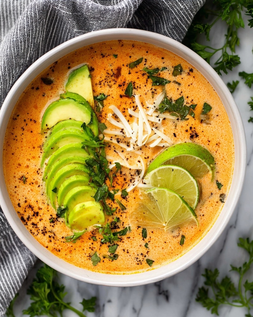 A white bowl is filled with a creamy, orange soup speckled with black and dark brown spices, giving it a rich texture. Floating on top are thin green slices of avocado arranged in two neat clusters, one on the left and one on the right side. Two bright green lime wedges sit near the top right, partially submerged in the soup. Small sprigs of fresh parsley are scattered around the bowl, adding a touch of dark green, while thin white shredded cheese pieces rest lightly over the avocado and soup surface. The bowl is set on a white marbled surface with scattered parsley leaves around, and a grey and white striped cloth is partially visible behind. photo taken with an iphone --ar 4:5 --v 7