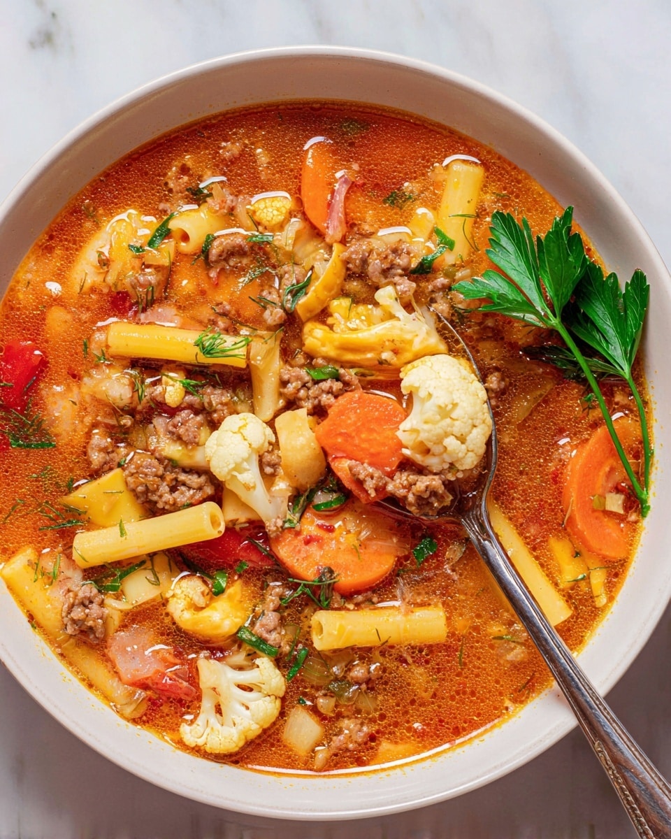 This image shows a white bowl filled with a colorful soup made of several layers and ingredients. The base layer is a rich orange-red broth which is slightly oily. Floating within the broth are yellow pasta pieces shaped like small tubes, bright orange carrot slices, and white cauliflower florets. There are also small chunks of red tomatoes and light brown minced meat scattered throughout. The soup is garnished with chopped green herbs and a sprig of fresh parsley placed on the right edge. A silver spoon is dipped in the soup, holding some pasta, minced meat, carrot, and cauliflower pieces. The bowl sits on a white marbled surface. photo taken with an iphone --ar 4:5 --v 7