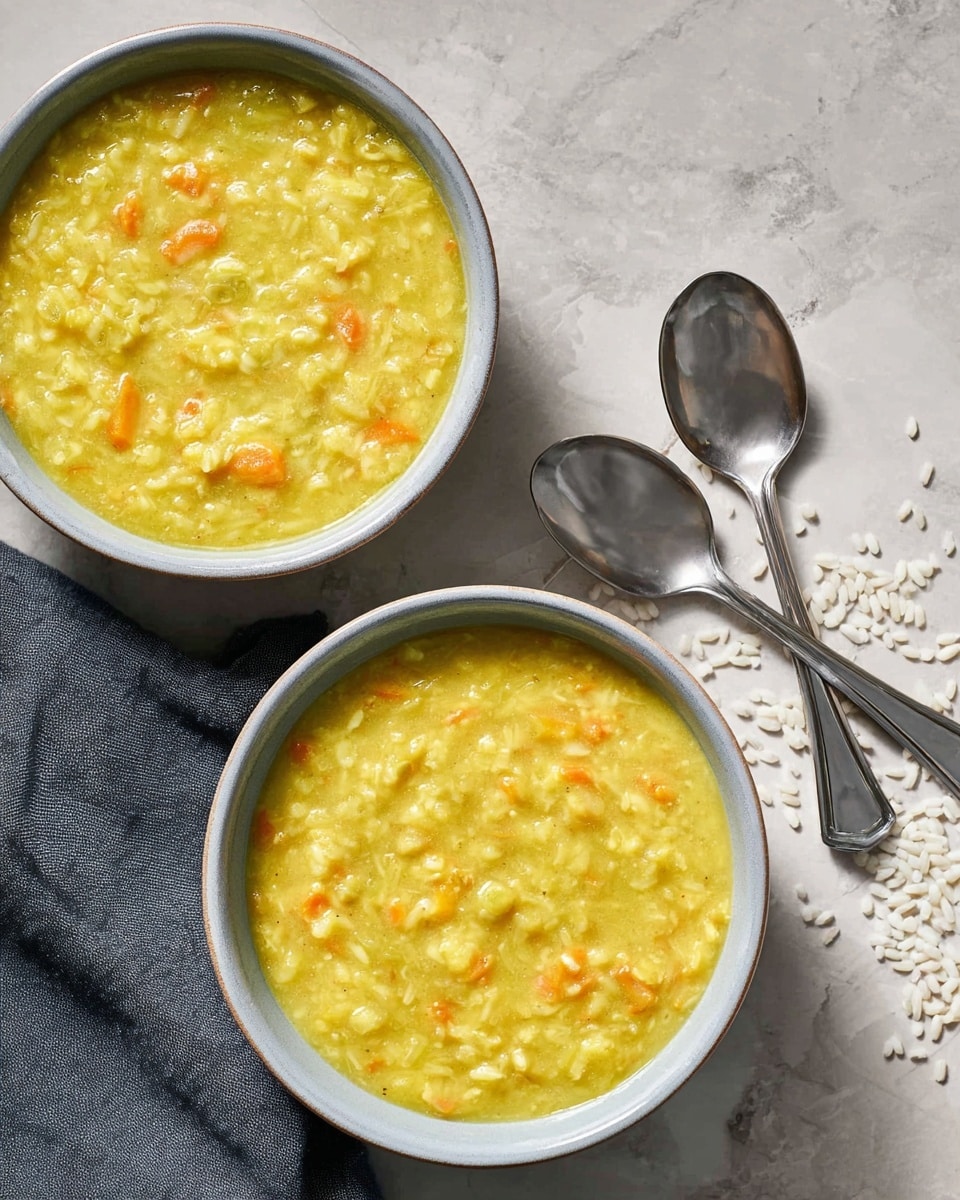Two bowls filled with thick yellow soup sit on a white marbled surface scattered with white rice grains. Each bowl has a smooth light gray rim, and the soup inside is creamy with visible small pieces of white rice and orange carrot bits, giving it a chunky texture. Both bowls are placed near a folded dark gray cloth napkin, with two shiny silver spoons resting on it beside the lower bowl. The lighting is soft and natural, highlighting the creamy texture and light colors of the soup. photo taken with an iphone --ar 4:5 --v 7