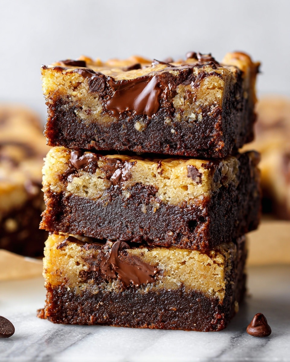 A close-up image of a stack of three two-layered dessert bars, each with a thick dark brown chocolate bottom layer that looks moist and dense, and a thinner top layer that is light golden with a crumbly texture and visible chocolate chips embedded. The bars have slightly rough edges and a soft, gooey look with melted chocolate spots on the top and sides. The stack is placed on a white marbled surface, and the background is softly blurred with a clean, light feel. photo taken with an iphone --ar 4:5 --v 7