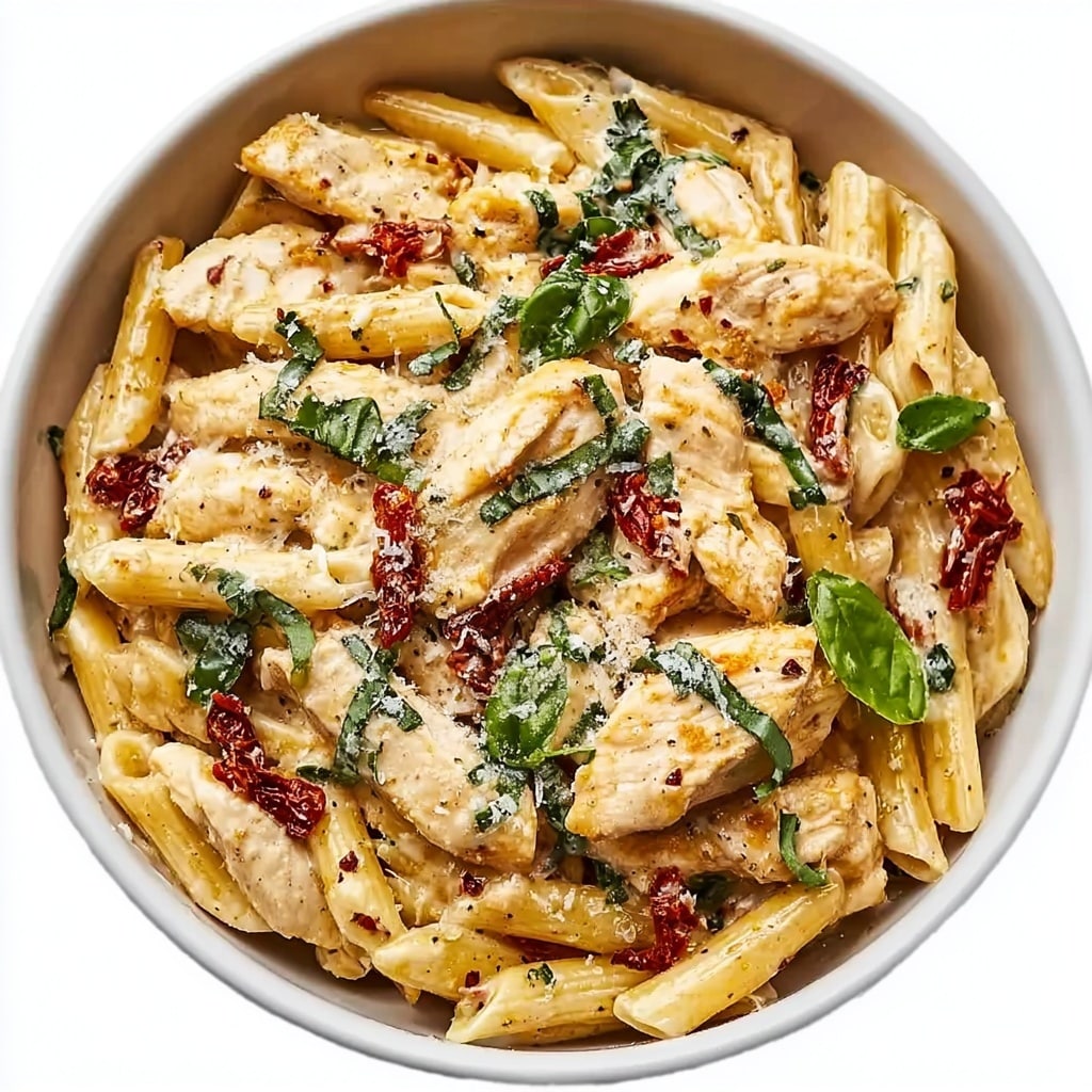 A close-up view of a white bowl filled with creamy penne pasta mixed with pieces of chicken, dark green basil strips, and small chunks of sun-dried tomatoes. The penne pasta is coated in a rich, light beige sauce with visible specks of black pepper and red chili flakes. The chicken pieces are tender and lightly browned, blending seamlessly with the smooth sauce. Finely grated white cheese is sprinkled over the top, adding a delicate texture. The bowl sits on a white marbled surface. photo taken with an iphone --ar 4:5 --v 7
