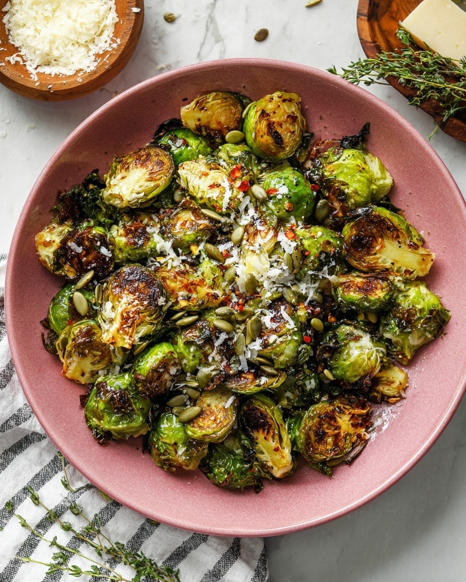 A pink bowl filled with roasted Brussels sprouts, each halved to show a golden brown caramelized surface with slightly charred edges, mixed with bright green leafy parts. The dish is topped with grated white cheese, scattered pumpkin seeds, and small red chili flakes, adding texture and color contrast. The bowl is set on a white marbled surface beside a wooden bowl with extra grated cheese and a sprig of fresh thyme. Part of a striped white and black cloth is visible near the bowl’s edge. Photo taken with an iphone --ar 4:5 --v 7