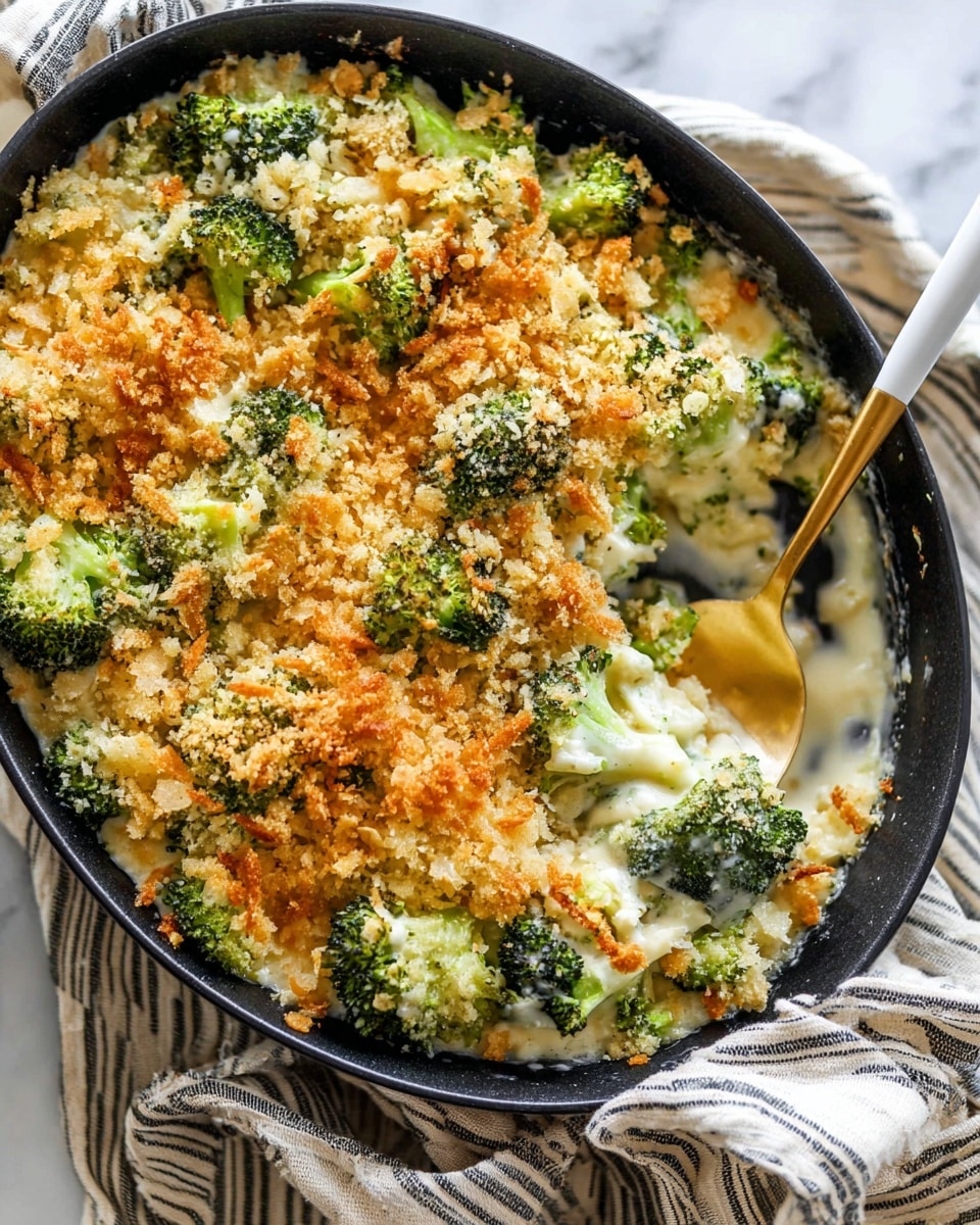A black round skillet holds a broccoli casserole topped with golden crispy breadcrumbs. The casserole shows a creamy white sauce mixed with bright green broccoli florets and stems spread evenly. The top layer is textured with crumb topping, browned to a mix of light and deep golden patches. A golden spoon with a white handle is scooping some casserole from the side, showing soft broccoli and creamy sauce underneath the crumb layer. The skillet rests on a cloth with stripes against a white marbled surface. Photo taken with an iphone --ar 4:5 --v 7