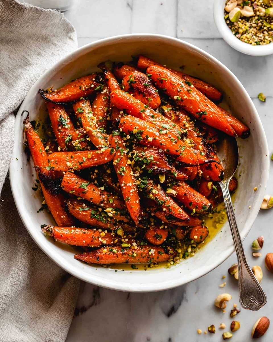 A white bowl filled with about two layers of roasted carrots, each carrot piece deep orange with some charred spots, glossy from oil, and sprinkled with green chopped herbs, crushed nuts, and sesame seeds. The carrots are coated in a shiny dressing that pools at the bottom with a silver spoon resting inside the bowl. Around the bowl, a few nut pieces are scattered on a white marbled surface, with a white small bowl containing more nuts and seeds nearby. photo taken with an iphone --ar 4:5 --v 7