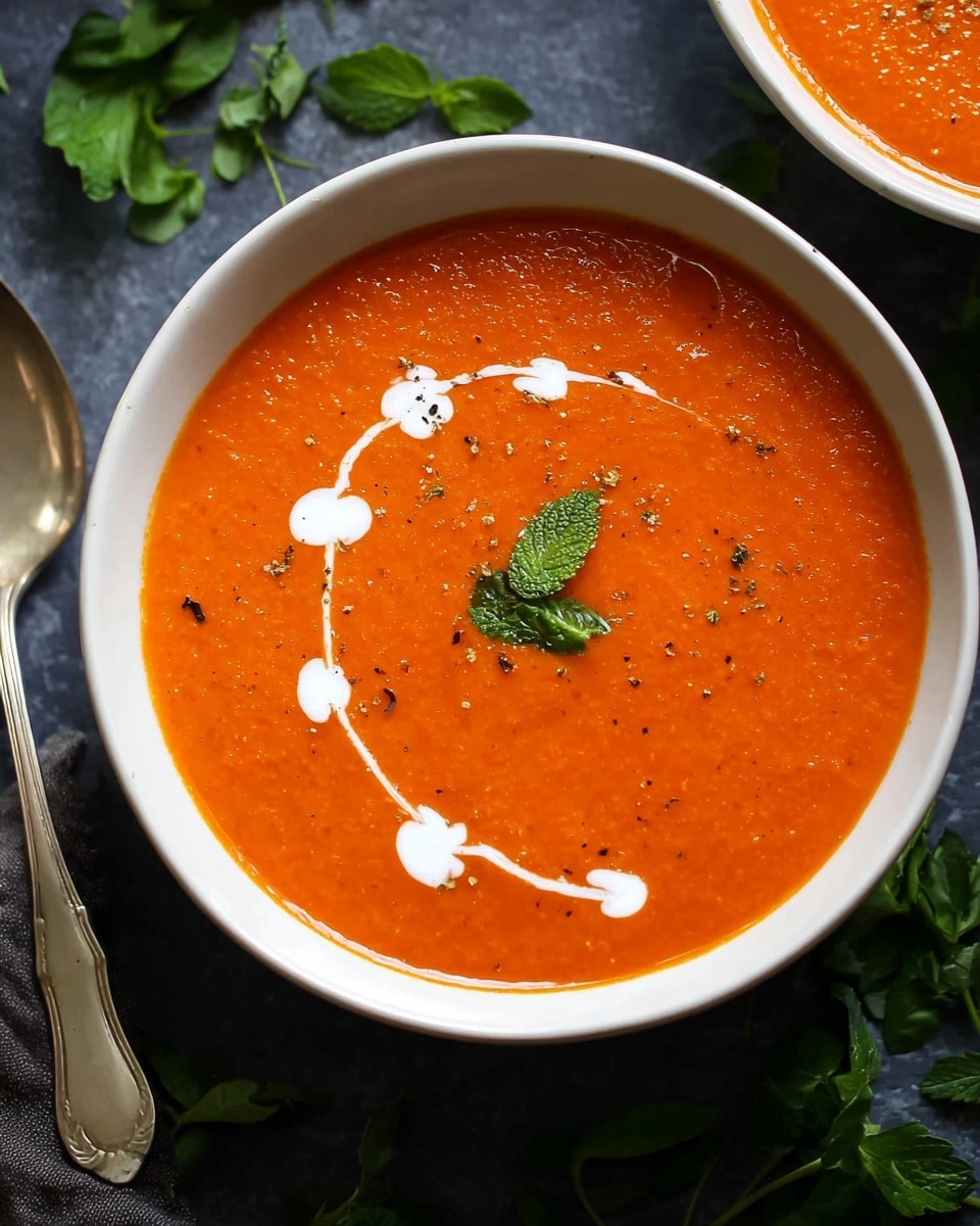 A white bowl filled with smooth, thick orange soup that has a slightly coarse texture, topped with four small white cream drops arranged in a curved line, each drop connected by thin white lines forming a gentle swirl on the soup's surface. The bowl rests on a dark background scattered with green leaves and herbs. To the left of the bowl, there is a silver spoon with a pale cream handle partially visible. Photo taken with an iphone --ar 4:5 --v 7