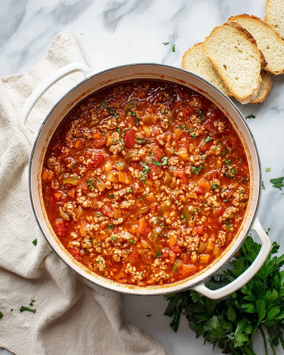 A white pot filled with a thick stew made of three main layers: a base layer of bright red tomato sauce with visible small chunks, a middle layer of cooked rice grains that are light beige, and a top layer of ground meat and diced vegetables such as green peppers, carrots, and tomatoes all mixed together in a rich, slightly oily reddish broth. The stew has a textured, chunky appearance with some green herb flecks scattered on top. The pot is placed on a white marbled surface, with a light beige cloth draped on the left side and a small bunch of fresh green parsley and three slices of toasted white bread near the top right. Photo taken with an iphone --ar 4:5 --v 7