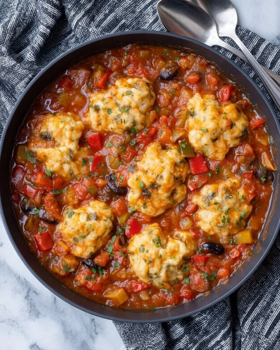 A close-up view of a dark gray pan filled with a thick, chunky red tomato sauce mixed with visible pieces of vegetables like green celery, orange carrot, and dark green zucchini. Floating throughout the sauce are about eight golden-yellow, irregularly shaped dumplings with a soft, slightly glossy texture. The dish is sprinkled lightly with finely chopped green herbs, adding pops of color. The pan is placed on a white surface with a marbled texture, next to a white and black striped cloth napkin. The overall look is hearty, colorful, and comforting. photo taken with an iphone --ar 4:5 --v 7