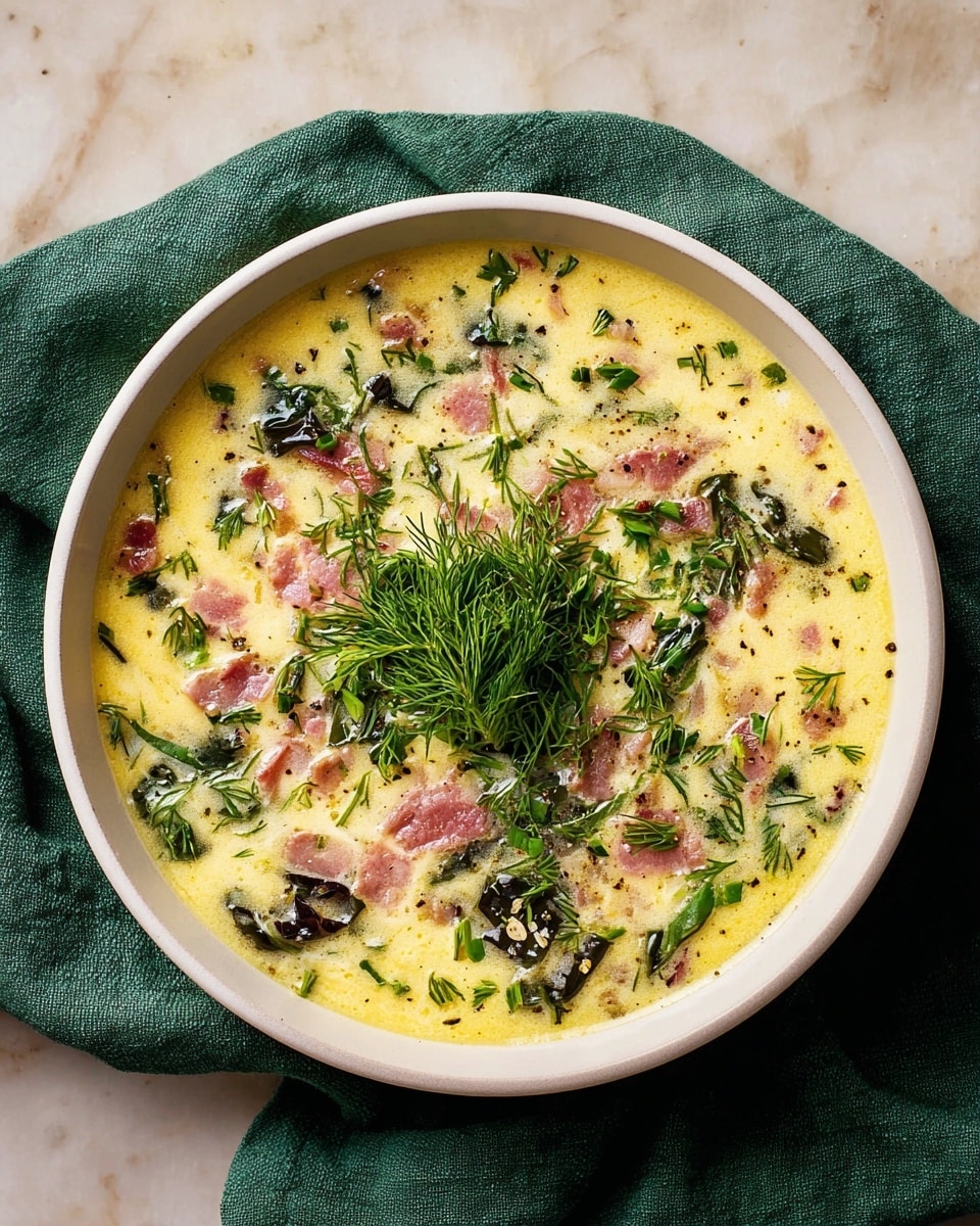 A bowl of creamy soup with a yellowish base, speckled with small pieces of pink bacon and dark green leafy vegetables. There are fresh green herbs sprinkled on top, with a small bunch of dill placed in the center as garnish. The soup has a smooth, slightly thick texture with visible herbs and pieces floating. It is served in a white bowl resting on a green cloth, all set on a surface with a white marbled texture. Photo taken with an iphone --ar 4:5 --v 7