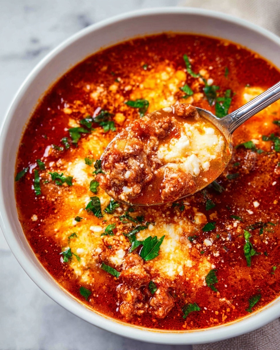 The image shows a close-up of a bowl filled with a thick, rich red soup that has visible layers of melted white cheese and small chunks of meat throughout. The soup has a slightly oily, glossy texture with fresh chopped green herbs scattered on top, adding a pop of color. A shiny silver spoon lifting a spoonful reveals a mix of dense cheese and meat in the vibrant red broth. The bowl is white and rests on a white marbled surface. photo taken with an iphone --ar 4:5 --v 7