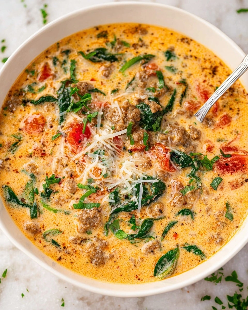 A close-up of a white bowl filled with a creamy soup that has a light orange color from spices and cream. The soup is thick with visible pieces of ground meat, soft diced onions, and bright red tomato chunks. Green leafy spinach and chopped fresh green herbs are scattered inside and on top, adding color and texture. Some white shredded cheese is lightly melted and sprinkled across the surface. A silver spoon rests inside the bowl, partly covered by the soup. The bowl sits on a white marbled surface with a few small bits of green herb around it. Photo taken with an iphone --ar 4:5 --v 7
