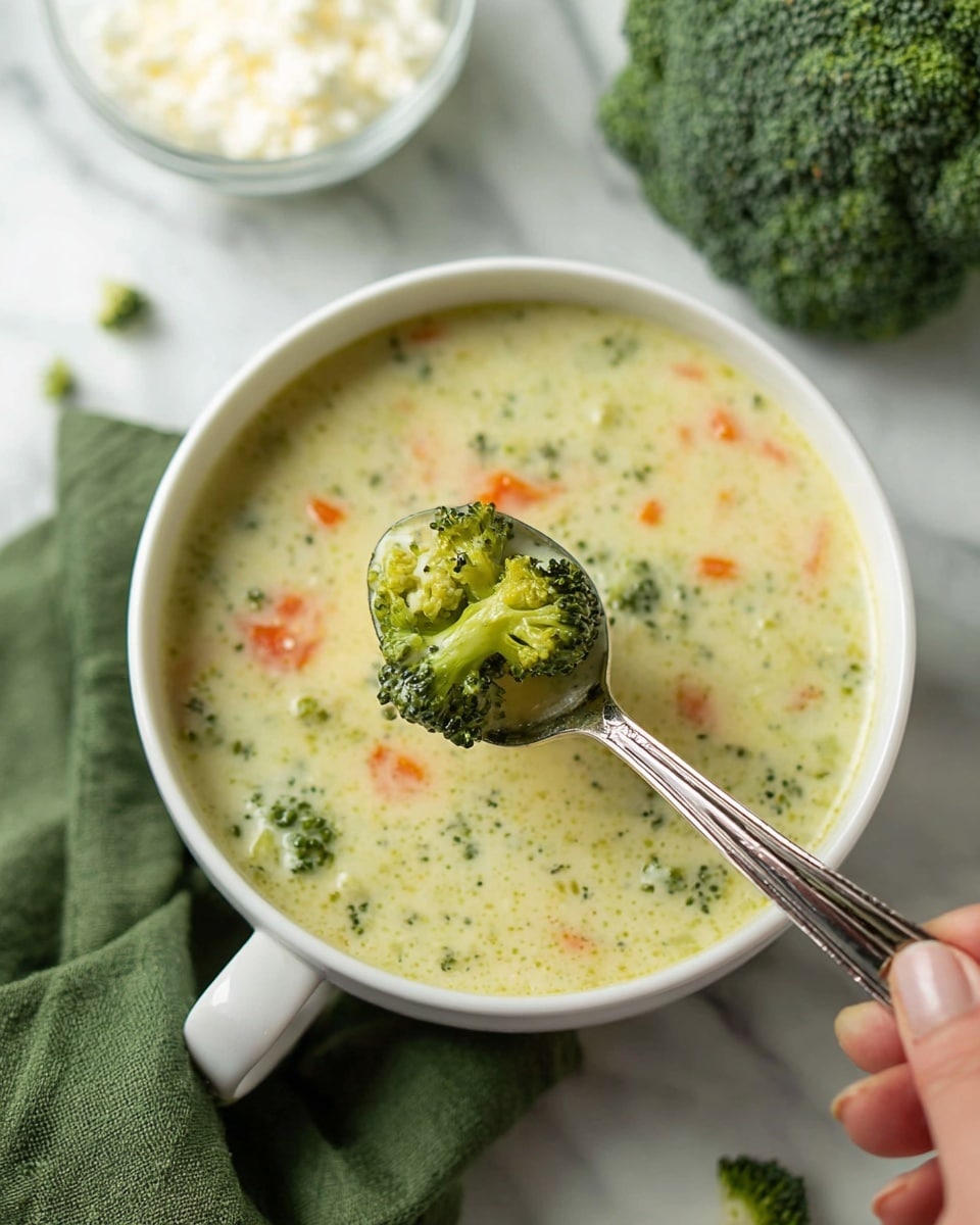 A white bowl filled with creamy broccoli soup showing a mix of soft, light green soup base with small green broccoli pieces and orange carrot slices visible throughout. A silver spoon with a chunk of broccoli and soup is held above the bowl by a woman's hand. The bowl sits on a white marbled surface, with a green cloth nearby and a small glass bowl of white cottage cheese partially visible in the foreground. There is a broccoli floret in the background. photo taken with an iphone --ar 4:5 --v 7
