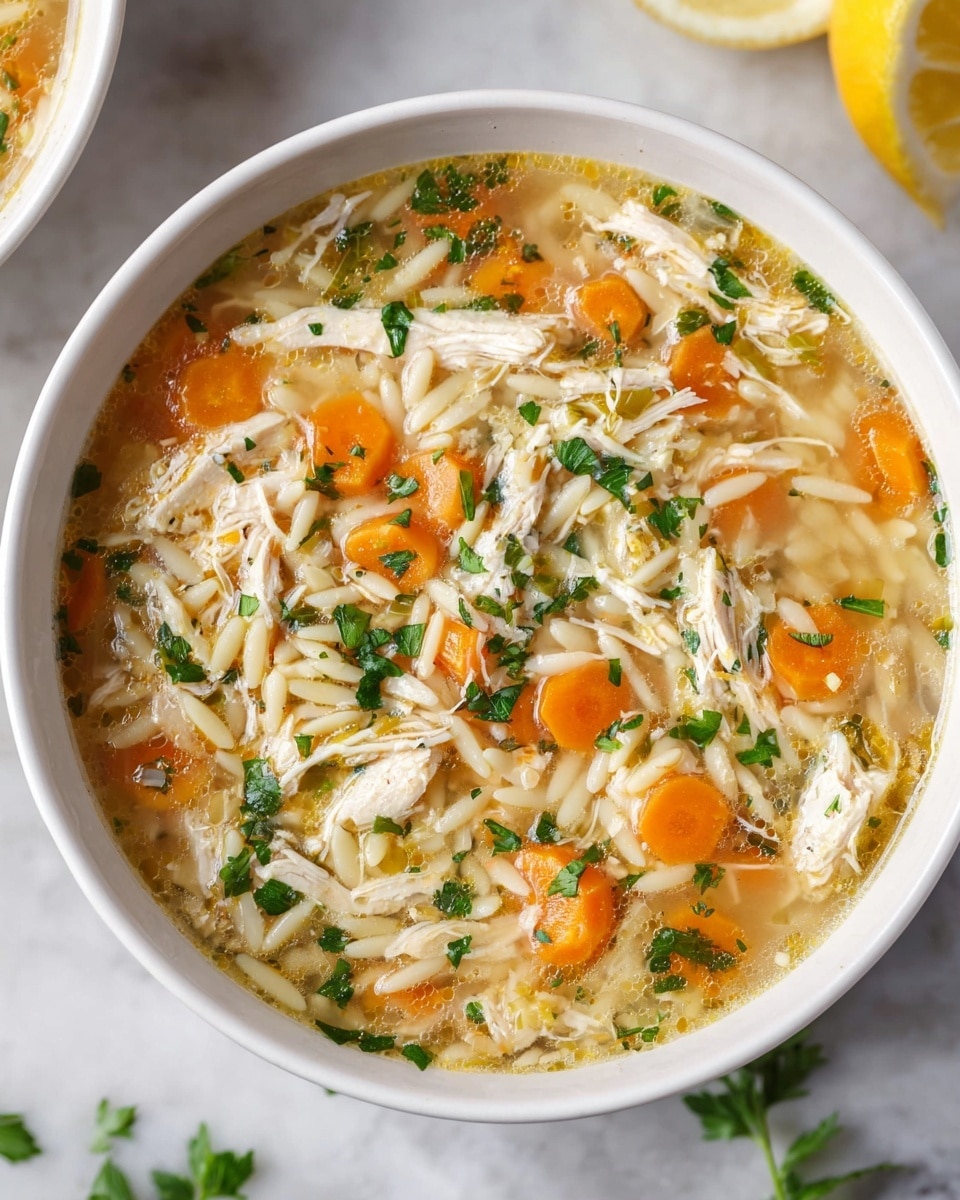 A white bowl filled with clear broth soup containing shredded white chicken on the bottom layer, next a layer of small orange carrot slices spread evenly, and scattered bits of chopped green herbs on top, with some cooked short pasta that looks like orzo mixed throughout; the soup appears warm and fresh, set on a white marbled surface with a lemon wedge partially visible at the top right corner, photo taken with an iphone --ar 4:5 --v 7