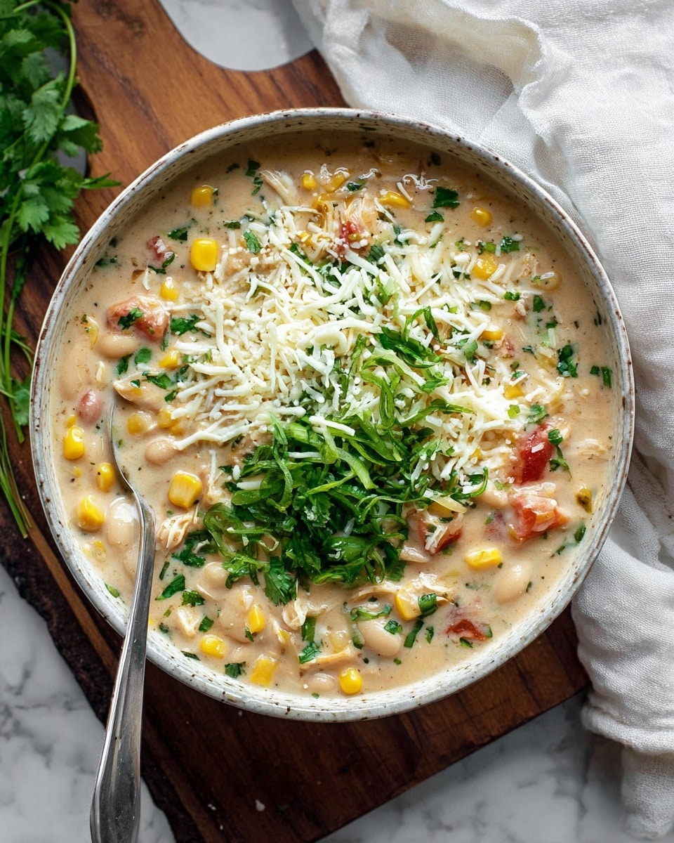 A rustic white bowl filled with a creamy soup that has a thick texture and a light beige color. The soup contains visible ingredients like white beans, yellow corn, red tomato pieces, and small chunks of chicken spread throughout. On top, a heap of shredded white cheese and finely chopped bright green onions and fresh cilantro sit in the center, adding layers of fresh green colors. A silver spoon rests inside the bowl at the left side. The bowl is placed on a wooden board with a soft white cloth beside it, all set on a white marbled surface. Photo taken with an iphone --ar 4:5 --v 7