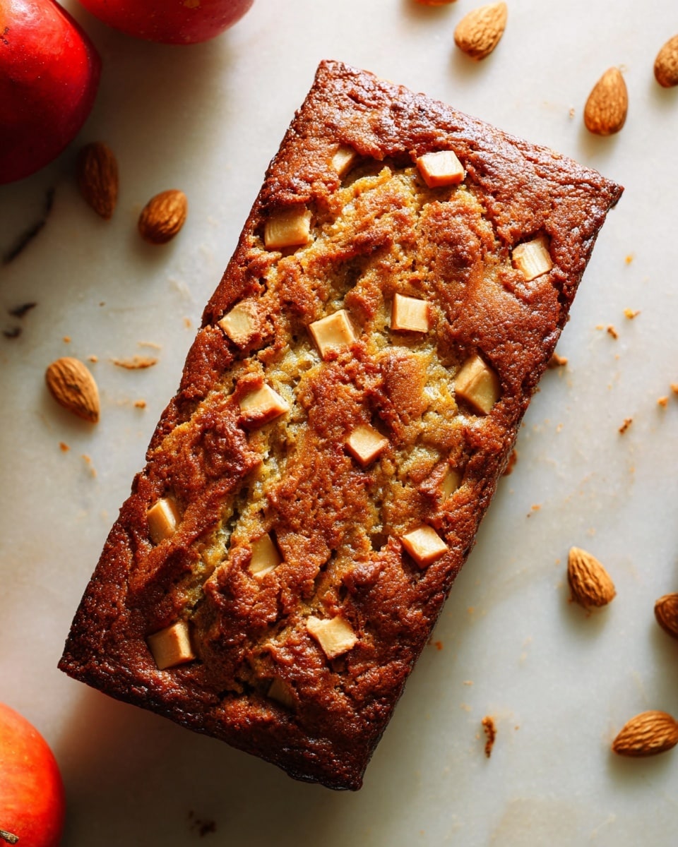 A rectangular brown cake with a rough textured top, dotted with light brown small square pieces, is placed on a white marbled textured surface. The cake has a golden crust with visible cracks and a moist interior peeking through. Around the cake, there are scattered almond slices and whole almonds, plus a red apple partially visible on the left side. The scene has a warm, natural light highlighting the rich color and texture of the cake. photo taken with an iphone --ar 4:5 --v 7