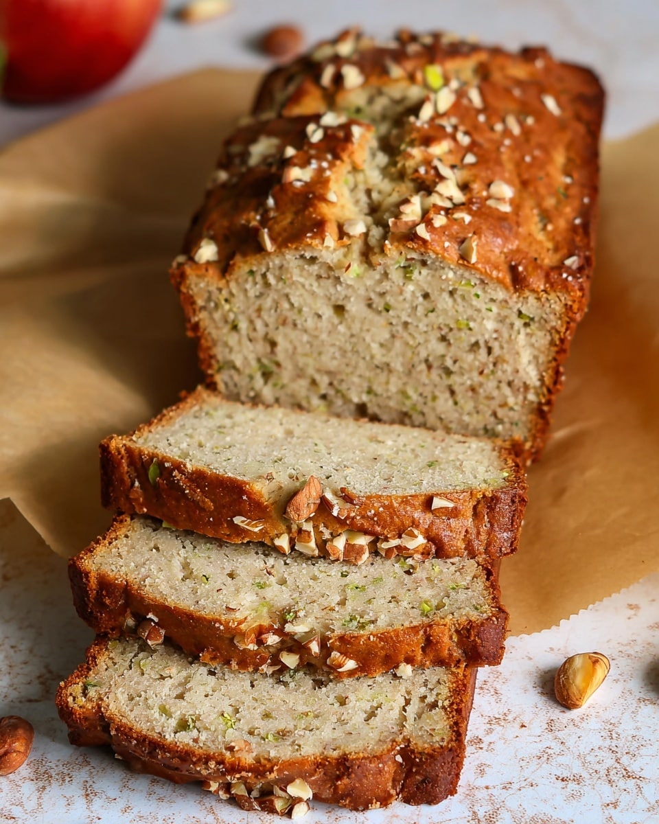 The image shows a loaf of moist, dense bread with three slices cut and fanned out in front. The bread has a golden-brown crust and a light beige inside with small green and nutty specks throughout, giving it a textured appearance. The top of the loaf is sprinkled with chopped nuts, adding a crunchy layer. The bread rests on a piece of brown parchment paper on a white marbled textured surface, with some scattered nuts and a red apple partially visible in the background. photo taken with an iphone --ar 4:5 --v 7