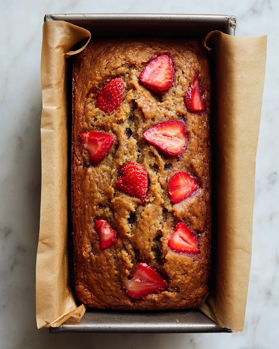 A single layer golden-brown baked loaf with a rough, moist texture sits inside a rectangular metal pan lined with light brown parchment paper. The top surface of the loaf is studded with several vibrant, red strawberry slices scattered unevenly, adding spots of bright color against the warm brown base. The pan rests on a white marbled surface. photo taken with an iphone --ar 4:5 --v 7