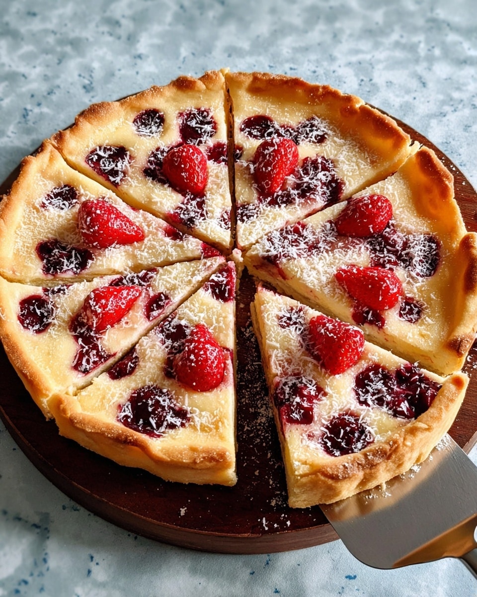 A round fruit tart sliced into eight pieces sits on a dark wooden board against a white marbled texture. The tart has a thick, golden-brown crust with a slightly puffed texture. Inside, the filling is light creamy yellow with scattered dark red jam spots creating an uneven pattern. Fresh, bright red strawberry slices are arranged on top, along with a light dusting of white powdered sugar or shredded coconut. One slice is being lifted by a metal spatula, showing the soft texture of the tart. Photo taken with an iphone --ar 4:5 --v 7