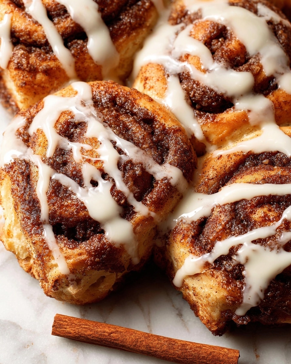 A close-up view of several baked cinnamon rolls tightly placed together on a white marbled surface, each roll showing a golden brown base with a darker, almost caramelized cinnamon sugar layer covering the top, giving a rough, textured look. The white creamy icing is drizzled unevenly, creating soft, thick lines across the rolls, pooling slightly in some areas. In the foreground, a single cinnamon stick lays horizontally on the white marbled surface, adding warm brown tones with a rough texture that contrasts the smooth icing and textured rolls. Photo taken with an iphone --ar 4:5 --v 7