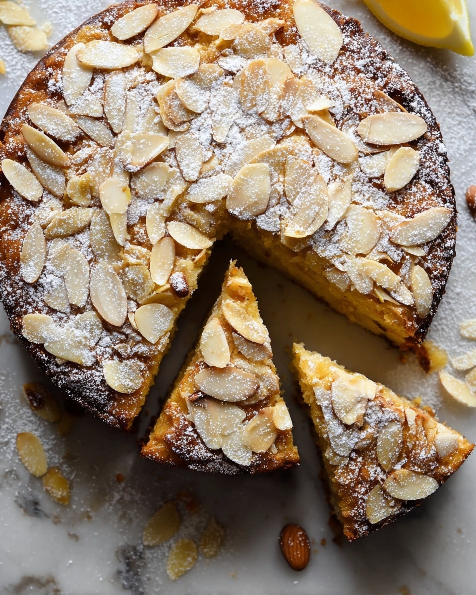 A close-up of a slice of almond cake showing a thick, crumbly light brown inside layer topped with a golden brown crust. The surface of the crust is decorated with thin, toasted almond slices and a dusting of powdered sugar. Behind the slice is the rest of the round cake with the same layered texture and almond topping, all set on a white marbled surface with a piece of brown parchment paper under the slice. photo taken with an iphone --ar 4:5 --v 7