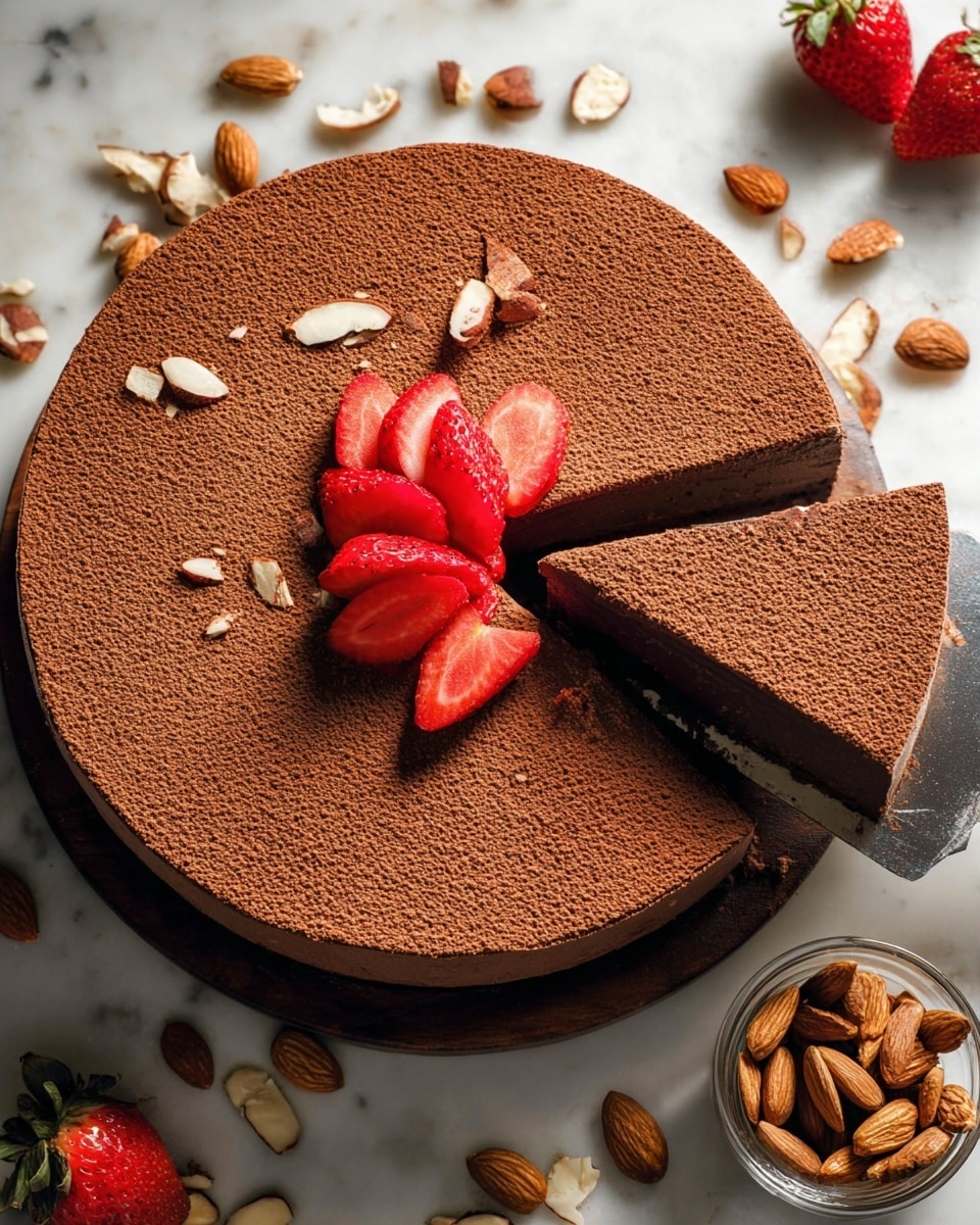 A round chocolate cake with a smooth, dark brown top dusted evenly with cocoa powder covers the entire surface. It has two slices cut and one slice being lifted with a metal cake server above the white marbled textured surface. In the center, there is a small pile of vibrant red strawberry slices arranged carefully. The cake rests on a dark wooden board surrounded by scattered almonds and almond slices. A small glass bowl filled with whole almonds is placed near the bottom right corner. photo taken with an iphone --ar 4:5 --v 7
