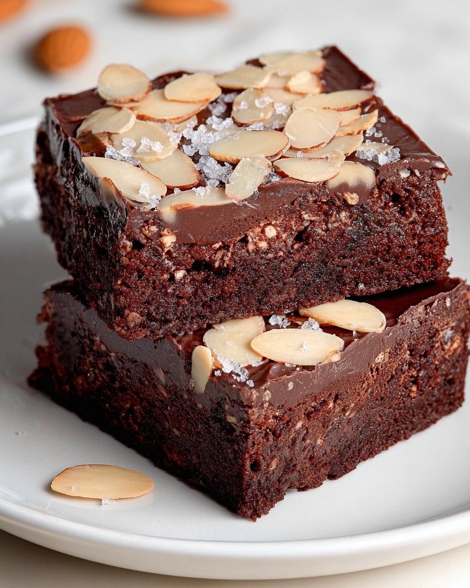 Two thick, square brownies sit closely on a white plate over a white marbled surface. Each brownie has two visible layers: a dense, moist chocolate base with a rich, slightly crumbly texture, and a glossy, dark chocolate top layer that looks smooth and shiny. Thin, pale beige almond slices are scattered generously over the top surface of both brownies, some slightly overlapping, adding a delicate crunch. Coarse crystals of sea salt sprinkle lightly on the almonds, creating subtle white highlights. A few almond slices are also scattered on the plate around the brownies. Photo taken with an iphone --ar 4:5 --v 7