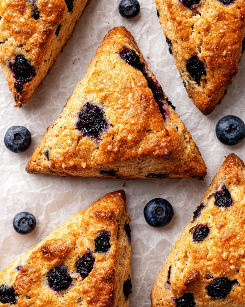 The image shows several golden-brown triangular scones with a slightly rough texture and crispy edges, each embedded with whole and partially burst dark blue blueberries. The scones rest directly on a sheet of lightly crumpled parchment paper, placed on a white marbled surface. The blueberries add a rich dark purple-blue color contrast against the warm, baked biscuit dough. The scones look freshly baked with a shiny, slightly caramelized top layer that catches the light softly. Two fresh whole blueberries are scattered around the scones on the parchment paper, adding more color and freshness to the scene. photo taken with an iphone --ar 4:5 --v 7