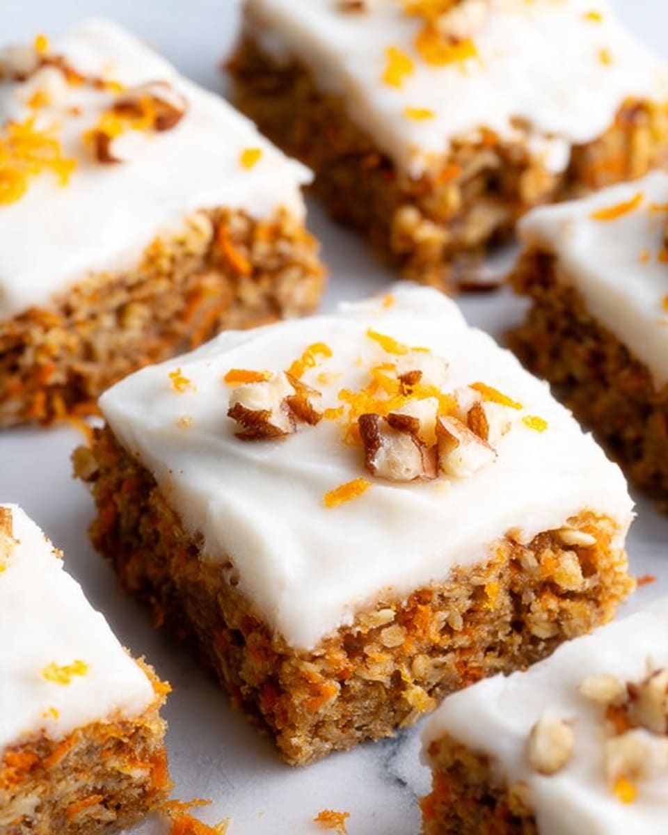 The image shows close-up squares of carrot cake bars, each with two clear layers: the bottom layer is a dense, textured brown cake mixed with small orange carrot bits, while the top layer is a thick, creamy white frosting spread evenly. On top of the frosting, there are small orange carrot shreds and tiny pieces of chopped brown nuts scattered across the surface. The bars are laid on a white marbled background with soft natural lighting highlighting their moist texture. photo taken with an iphone --ar 4:5 --v 7