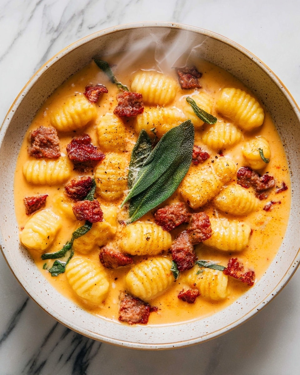 A white speckled bowl sits on a white marbled surface filled with a three-layered dish. The bottom layer is a smooth, thick orange sauce with a creamy texture covering the base. On top of this sauce are several pieces of ridged, pale yellow gnocchi arranged evenly around the bowl. Scattered between the gnocchi are small, irregular chunks of browned sausage that have a rough texture. There is a light dusting of grated cheese melting slightly over the sausage and gnocchi, and a single green sage leaf rests near the center. Wisps of steam rise from the warm dish, showing it is freshly served. Photo taken with an iphone --ar 4:5 --v 7