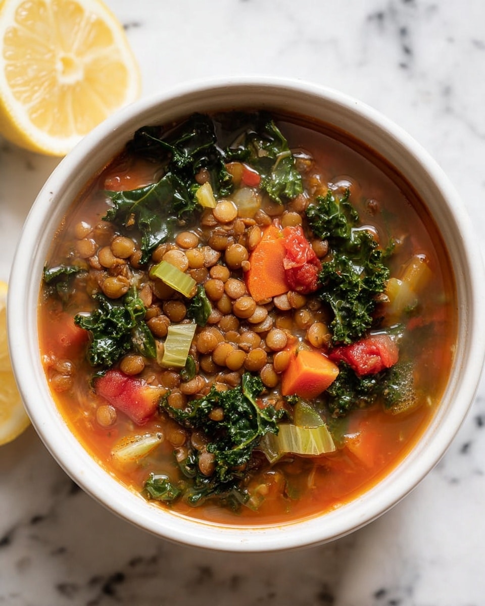 A white bowl filled with lentil soup is shown from above, with a base layer of reddish-brown broth. On top of the broth, there are light brown lentils packed loosely in the center, surrounded by dark green curly kale leaves, light green celery pieces, and small diced bright orange carrots and red tomatoes. The bowl is placed on a white marbled surface, and a half lemon is visible in the background. Steam rises gently from the hot soup, giving a fresh, warm feeling. Photo taken with an iphone --ar 4:5 --v 7