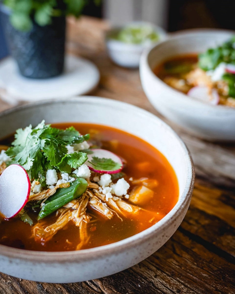Two white bowls filled with a rich orange-red broth sit on a rustic wooden table over a white marbled texture. The front bowl shows layers with shredded chicken in light brown tones sitting just above the soup. On top, there are fresh green cilantro leaves and thin white and pink slices of radish. Small white crumbles, likely cheese, add texture, scattered around the cilantro. Another bowl with the same contents is blurred in the background. Photo taken with an iphone --ar 4:5 --v 7