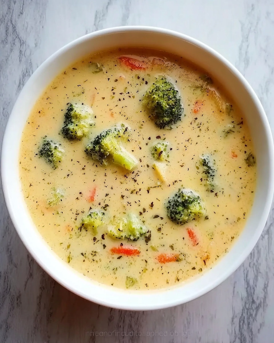 A white bowl filled with creamy, light yellow soup with visible green broccoli florets and small pieces of red carrot floating on the surface. The texture of the soup is smooth with specks of black pepper and herbs spread throughout. The bowl is placed on a white marbled surface. photo taken with an iphone --ar 4:5 --v 7