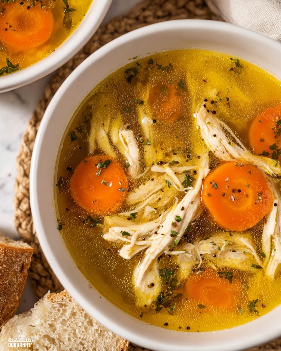 A close-up view of a white bowl filled with chicken soup showing clear golden broth with small oil droplets on top. Inside the soup, there are shredded pieces of light beige chicken layered with round, cooked carrot slices that are bright orange. Tiny black pepper flakes and green herb bits float on the surface. The bowl sits on a woven mat, with part of a crusty light brown bread visible on a white marbled table nearby. Another white bowl with more soup is partially seen in the background. Photo taken with an iphone --ar 4:5 --v 7