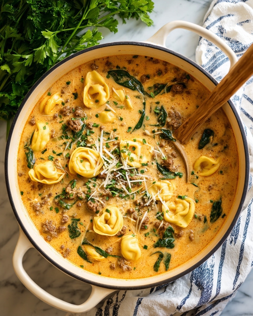 A large white pot filled with creamy soup showing three main layers: the light orange creamy broth on the base, mixed with brown cooked ground meat, fresh dark green spinach leaves spread around, and yellow tortellini pasta scattered throughout. On top, some pale white cheese shavings and finely chopped bright green herbs add fresh texture. A wooden spoon stirs the soup from the left. The pot sits on a white marbled textured surface with fresh green parsley behind it and a white cloth with blue stripes on the right side. Photo taken with an iphone --ar 4:5 --v 7