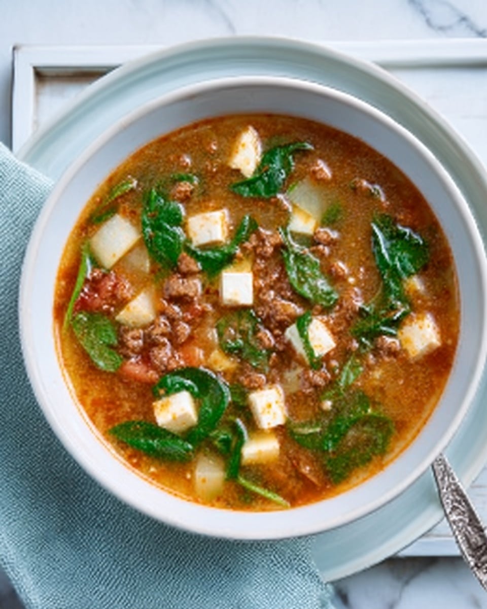 A white bowl filled with soup sits on a white marbled surface on top of a white tray with a light blue cloth beside it. The soup has a reddish-orange broth with green spinach leaves floating on top. Small, white cheese cubes are scattered throughout the soup. There are also bits of brown meat spread evenly in the broth, creating a colorful mix of ingredients. The bowl has a simple, clean design. Photo taken with an iphone --ar 4:5 --v 7