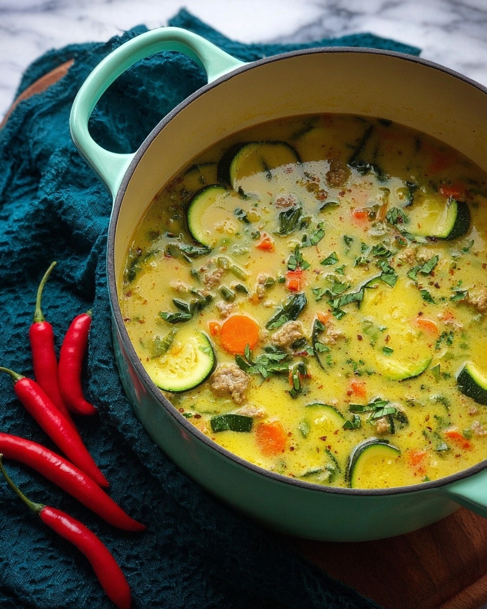 A light green pot with two handles is filled with a thick yellow soup mixed with green zucchini slices, small orange carrot pieces, chopped green herbs, and small bits of ground meat, all floating in a creamy broth. The pot sits on a folded dark teal cloth next to three red chili peppers, all placed on a white marbled surface. Photo taken with an iphone --ar 4:5 --v 7